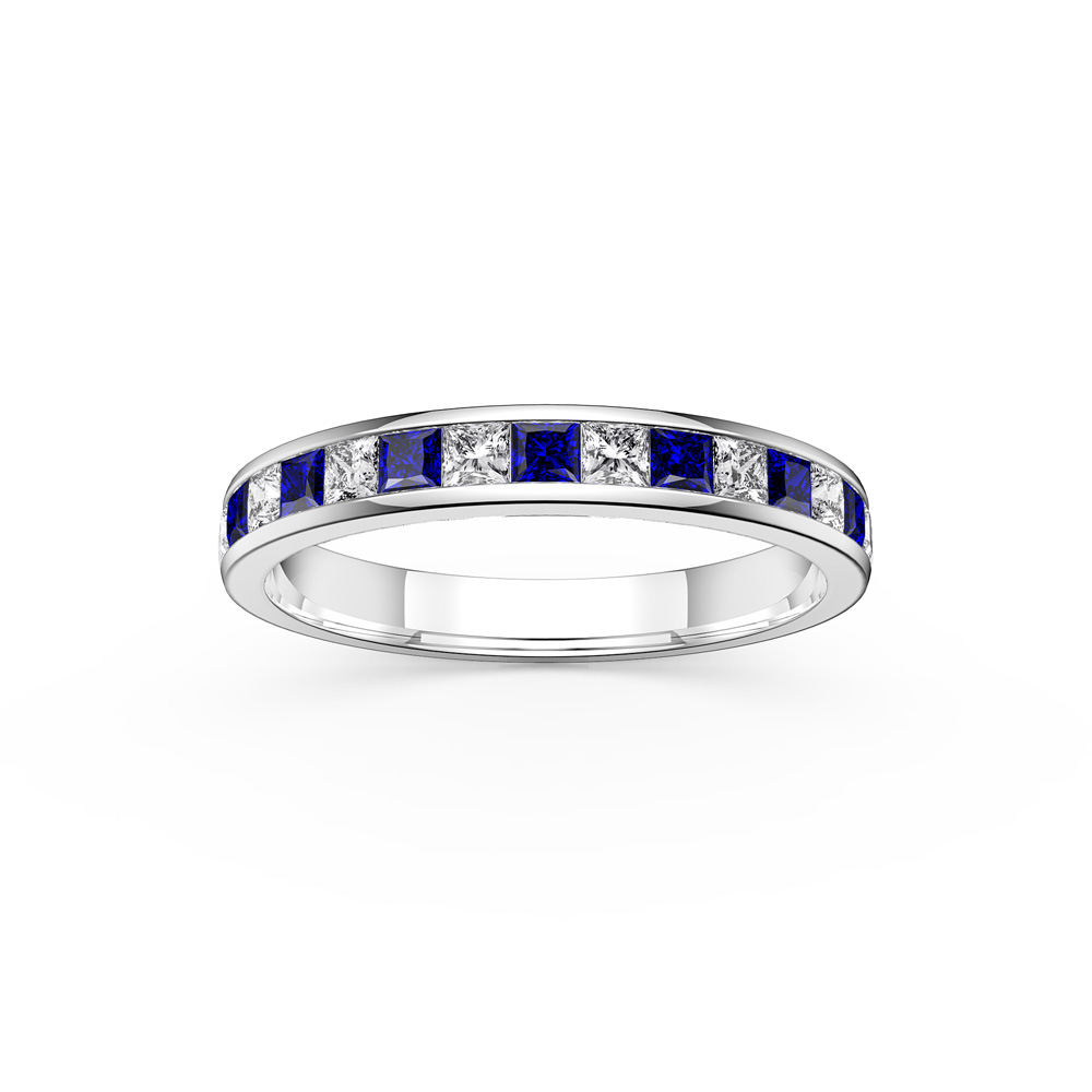 Princess Sapphire and Lab Diamond 9ct White Gold Half Eternity Ring 3mm Band