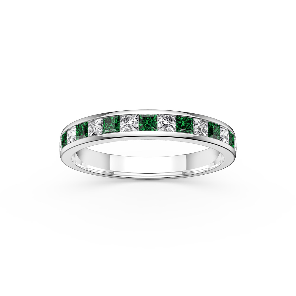 Princess Emerald and Moissanite 9ct White Gold Half Eternity Ring 3mm Band