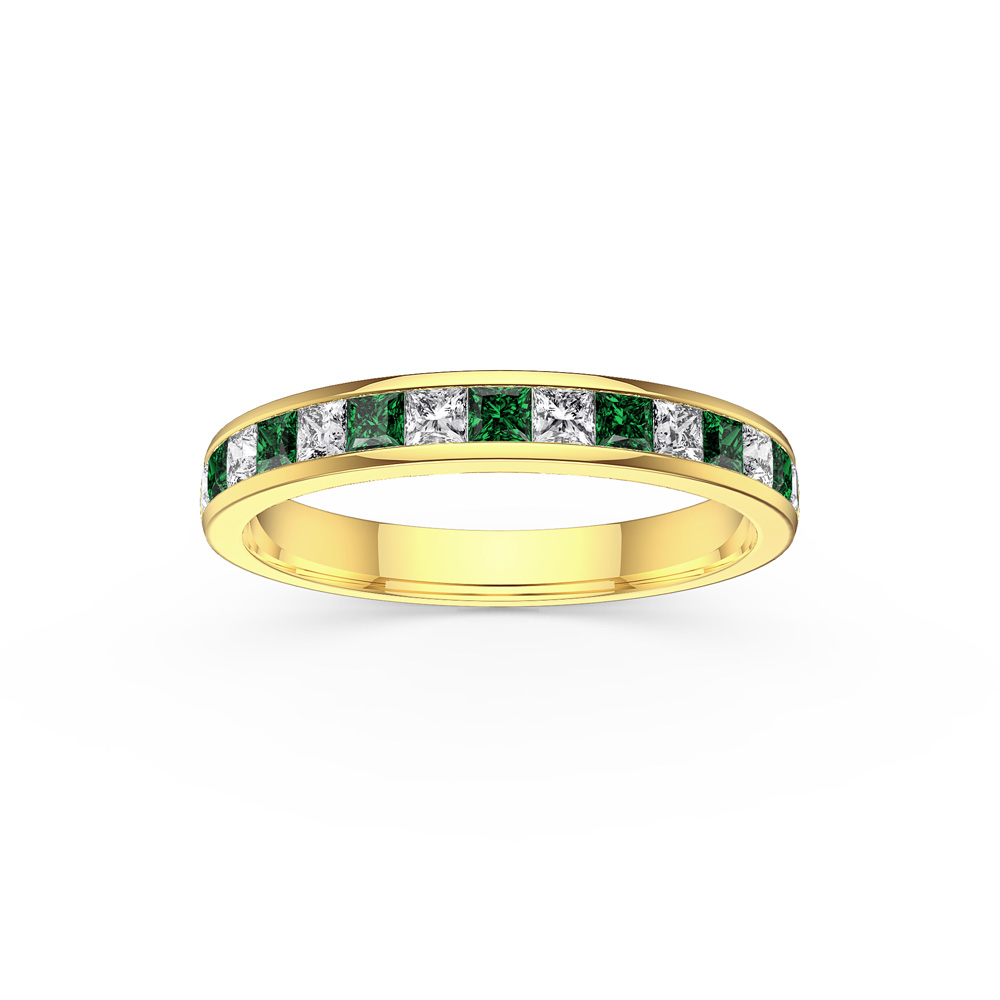 Princess Emerald and Moissanite 9ct Yellow Gold Half Eternity Ring 3mm Band