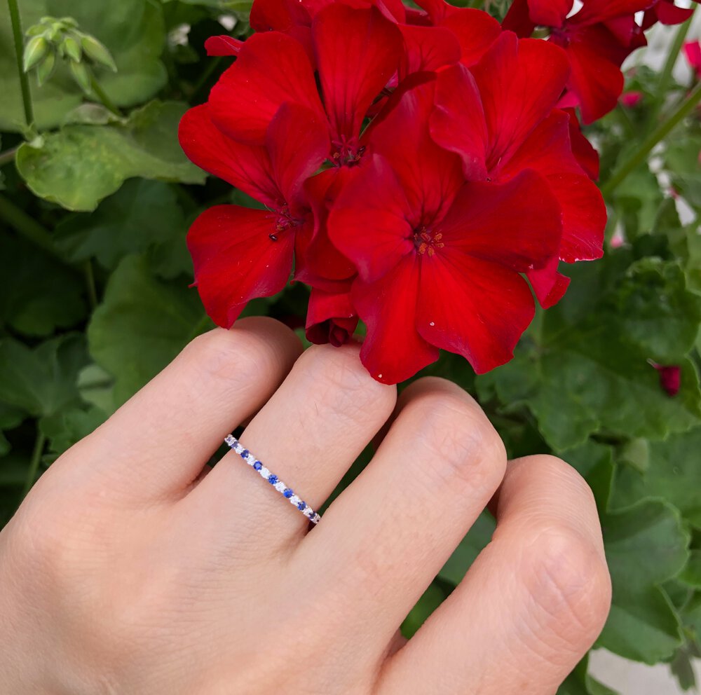 Radiant Sapphire and Moissanite Platinum plated Silver Half Eternity Ring #4