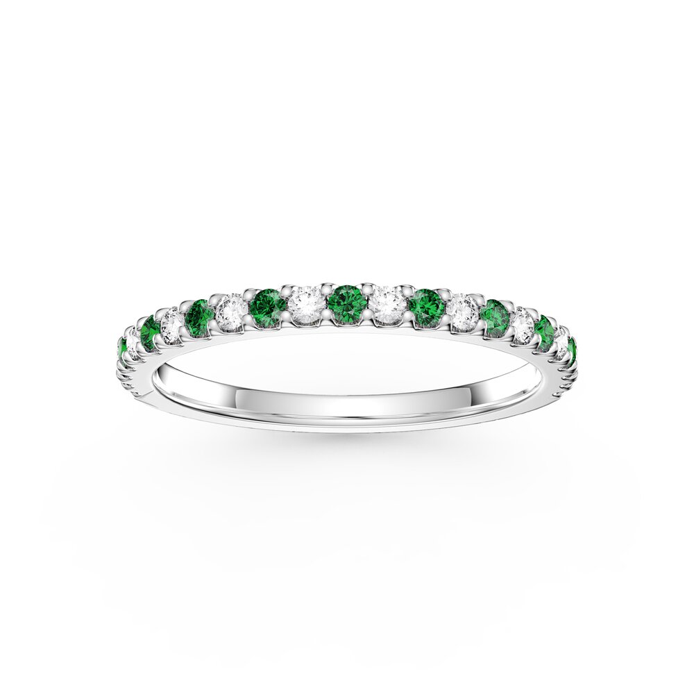 Radiant Emerald and Moissanite Platinum plated Silver Half Eternity Ring