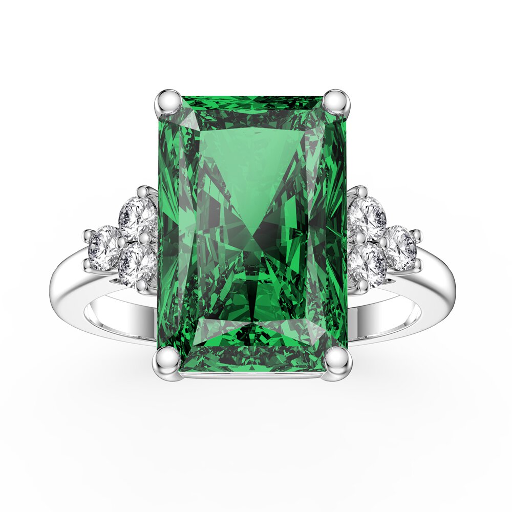 Radiant 5ct Emerald Cut Emerald and Moissanite Platinum plated Silver Proposal Ring