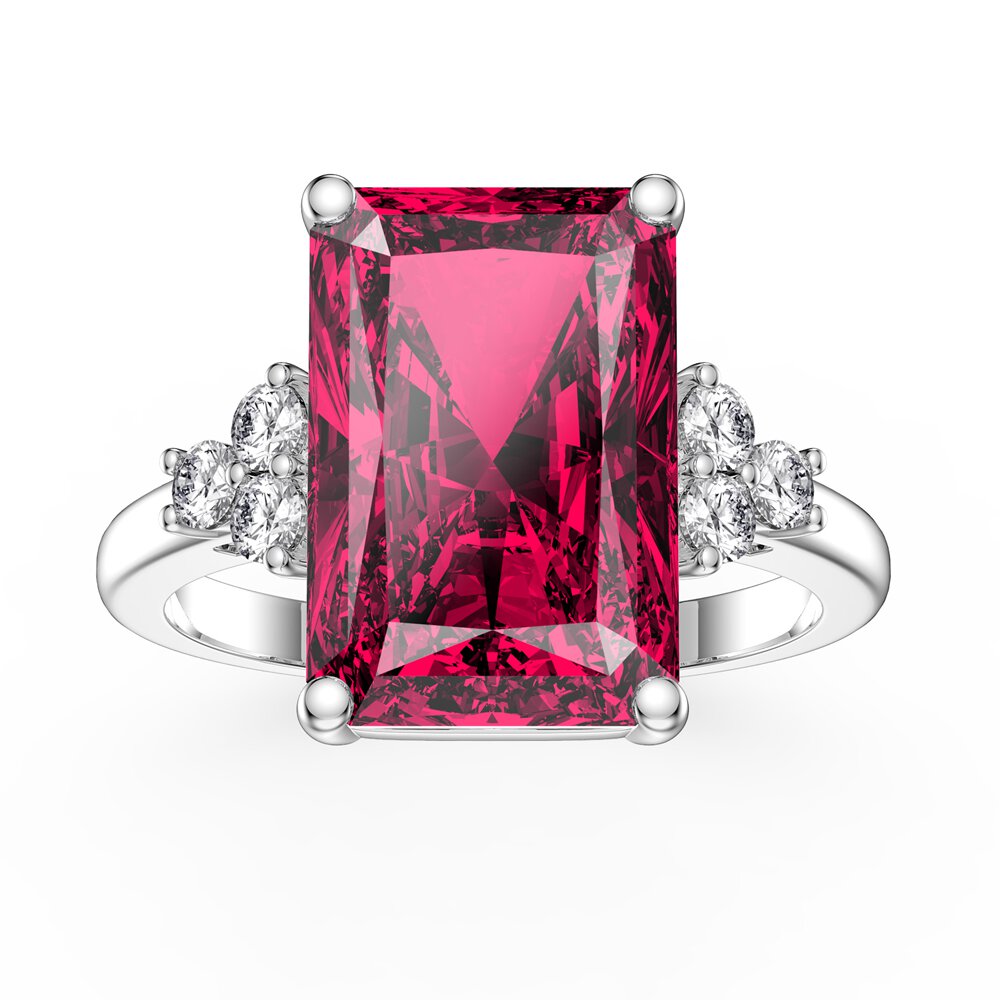 Radiant 5ct Emerald Cut Ruby and Moissanite Platinum plated Silver Proposal Ring