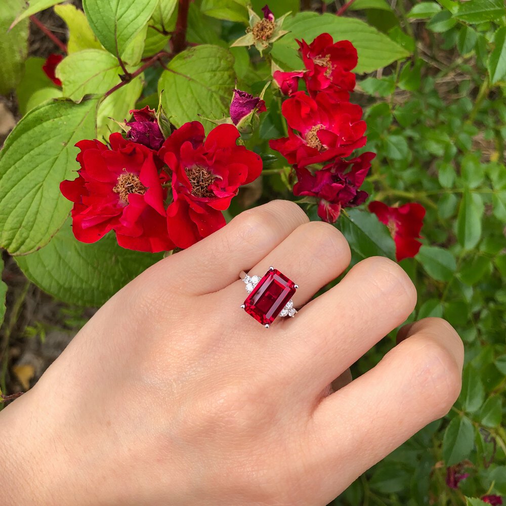 Radiant 5ct Ruby and Moissanite Platinum Engagement Ring #5