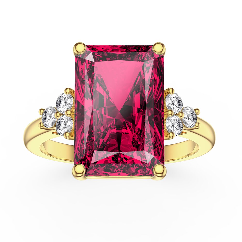 Radiant 5ct Emerald Cut Ruby and Lab Diamond 18ct Yellow Gold Engagement Ring