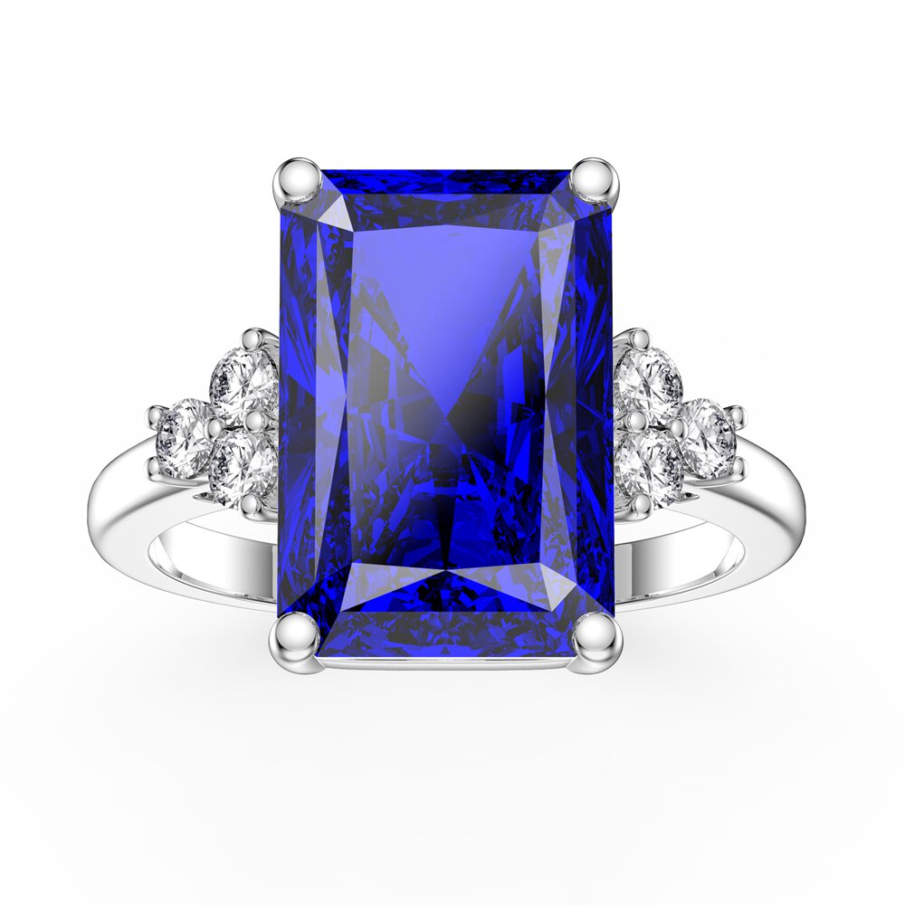 Radiant 5ct Emerald Cut Sapphire and Moissanite Platinum plated Silver Proposal Ring