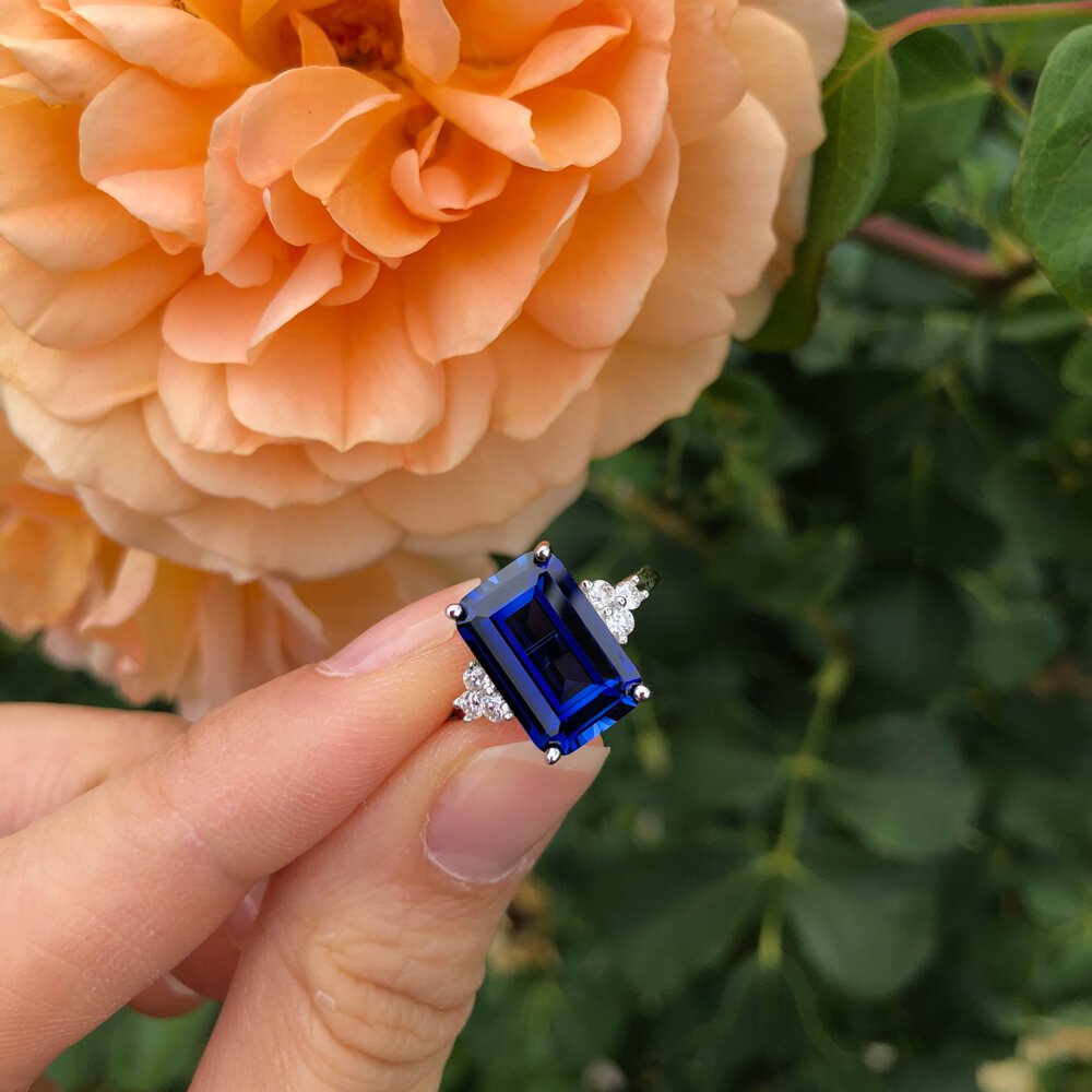 Radiant 5ct Sapphire and Lab Diamond 9ct Yellow Gold Engagement Ring #6