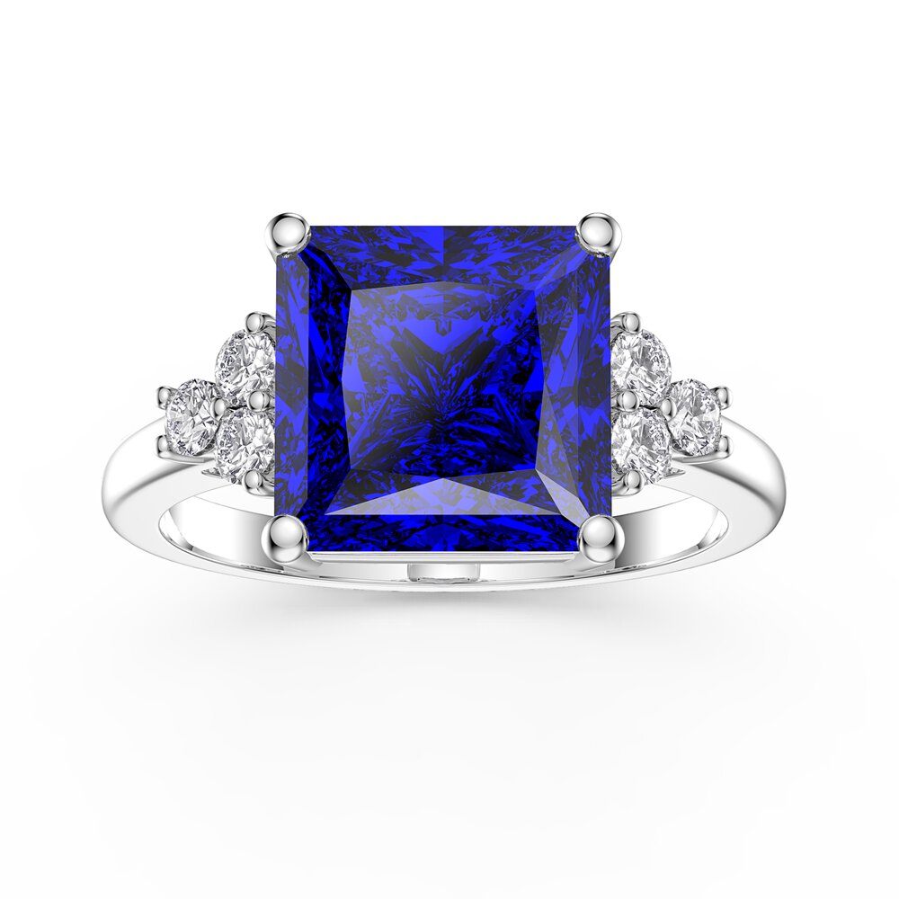Radiant 4ct Princess Sapphire and Moissanite Platinum plated Silver Proposal Ring