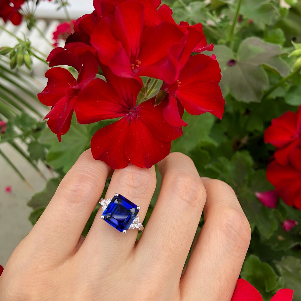 Radiant 4ct Princess Sapphire and Lab Diamond 18ct White Gold Engagement Ring #5