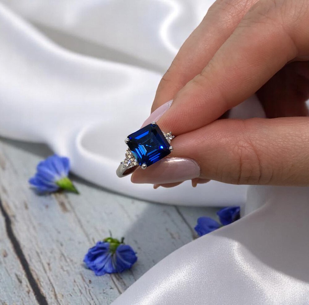 Radiant 4ct Princess Sapphire and Lab Diamond 18ct White Gold Engagement Ring #6