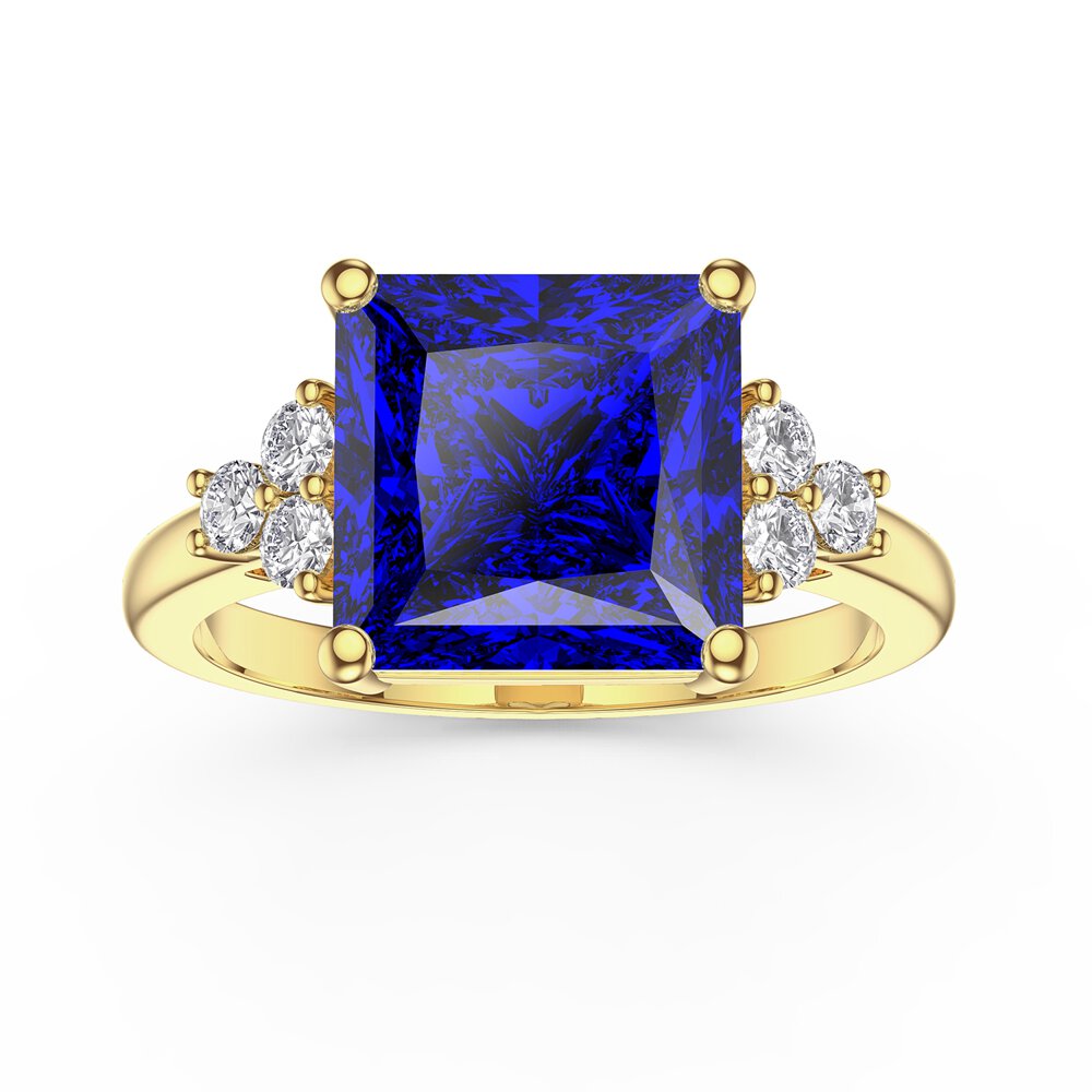Radiant 4ct Princess Sapphire and Moissanite 9ct Yellow Gold Proposal Ring