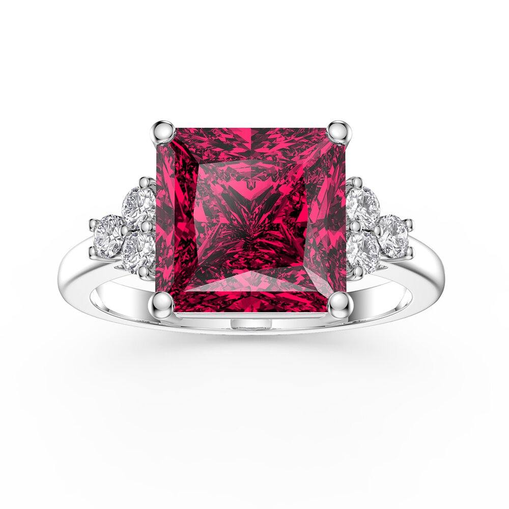 Radiant 4ct Princess Ruby and Moissanite Platinum plated Silver Proposal Ring