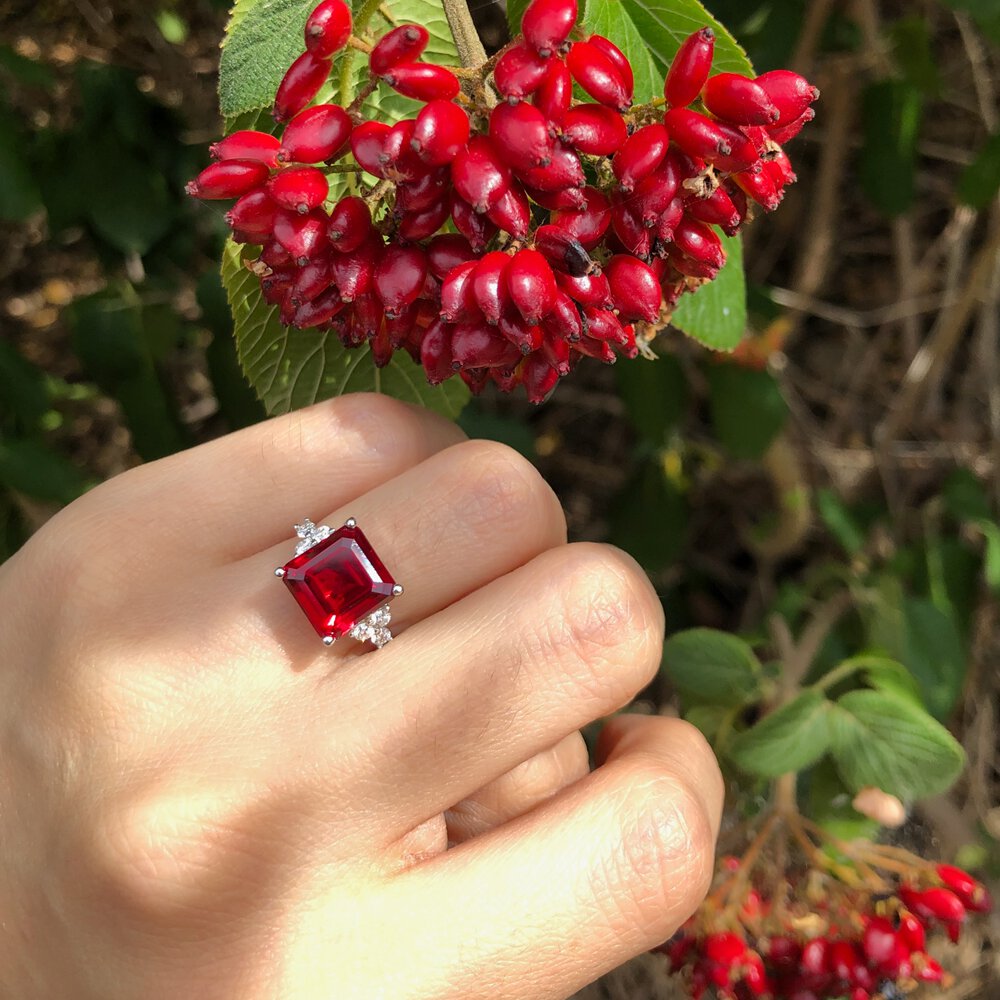Radiant 4ct Princess Ruby and Lab Diamond 9ct Yellow Gold Engagement Ring #5