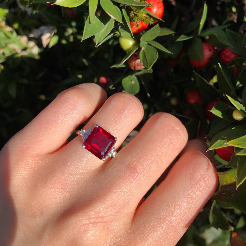 Radiant 4ct Princess Ruby and Lab Diamond 9ct Yellow Gold Engagement Ring #6