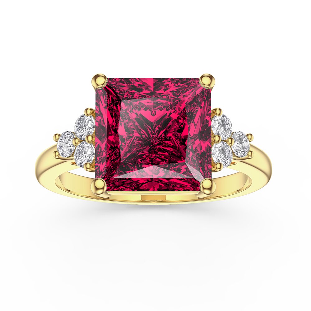 Radiant 4ct Princess Ruby and Lab Diamond 9ct Yellow Gold Engagement Ring