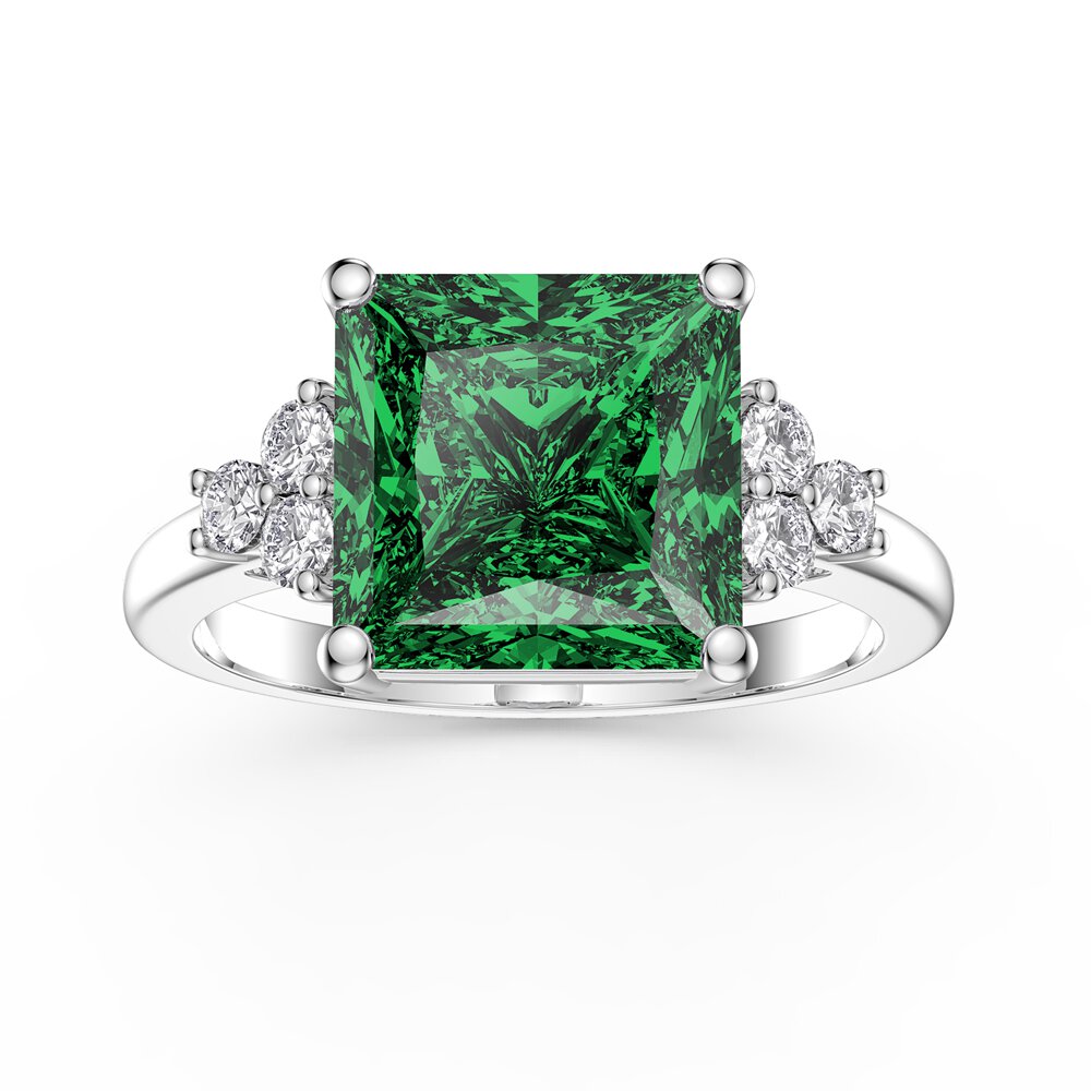 Radiant 4ct Princess Emerald and Moissanite Platinum plated Silver Proposal Ring