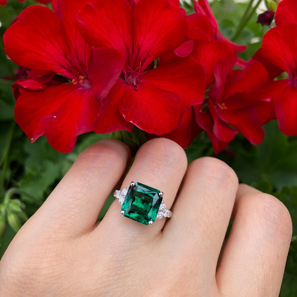 Radiant 4ct Princess Emerald and Moissanite Platinum plated Silver Proposal Ring #5