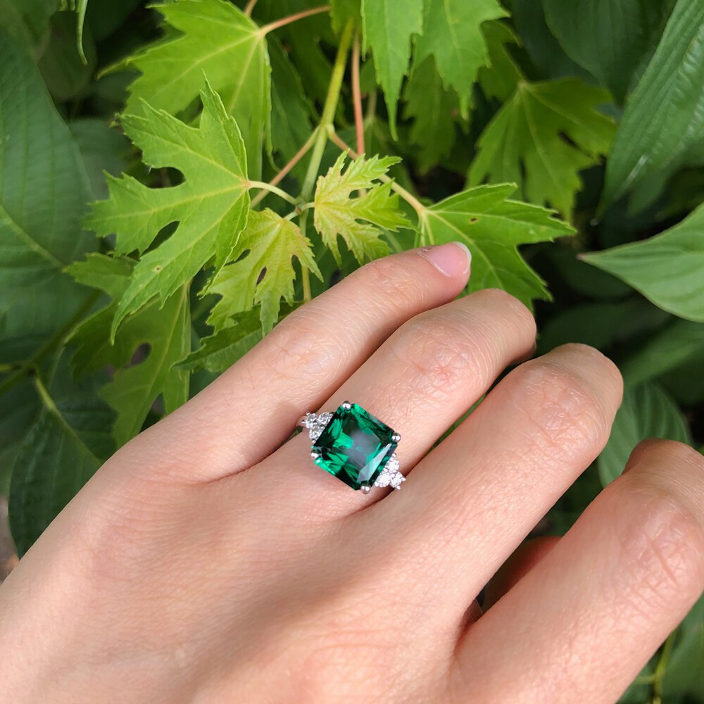 Radiant 4ct Princess Emerald and Moissanite Platinum plated Silver Proposal Ring #6