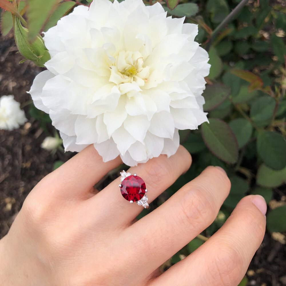 Radiant 3ct Ruby and Moissanite Platinum plated Silver Proposal Ring #5