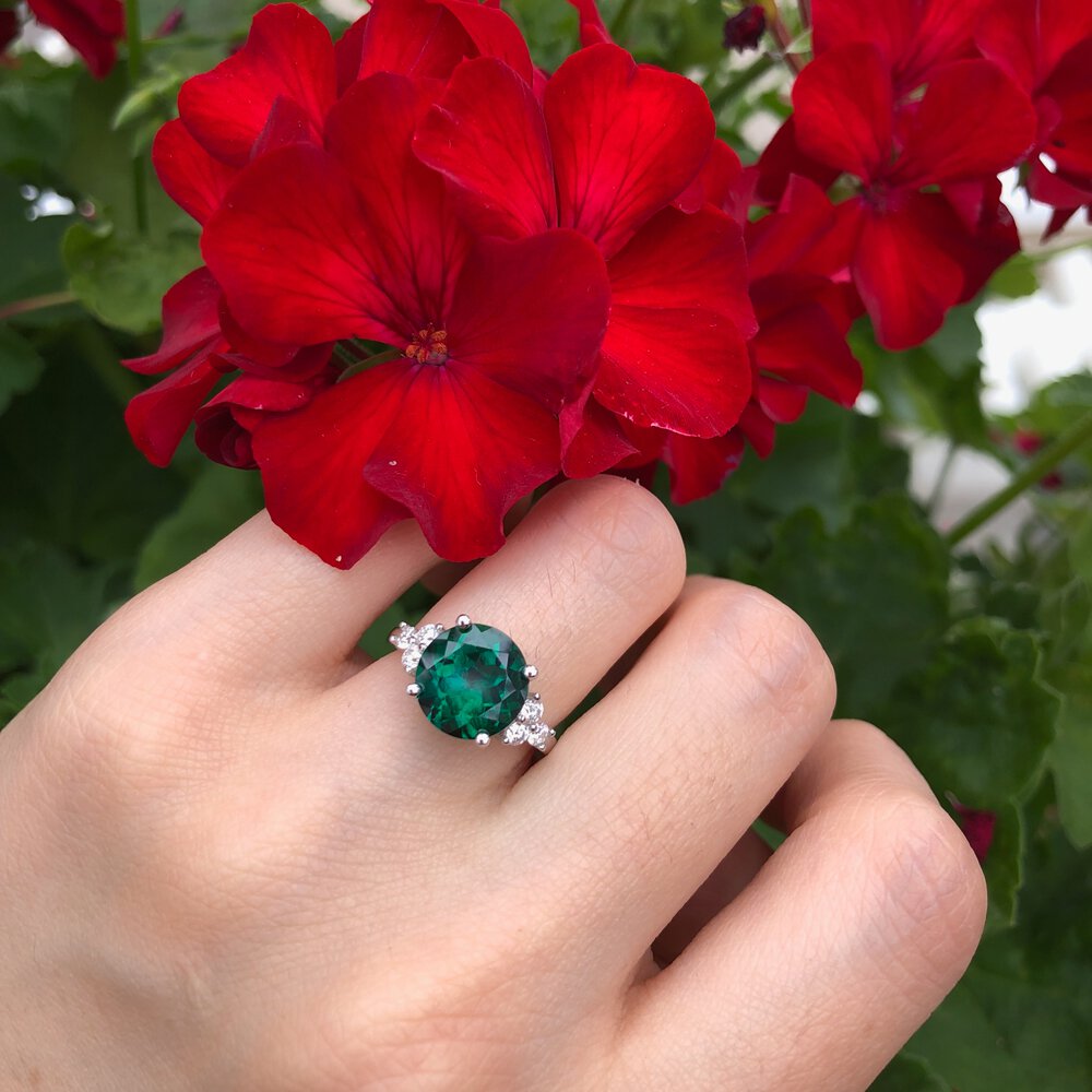 Radiant 3ct Emerald and Moissanite Platinum plated Silver Proposal Ring #5