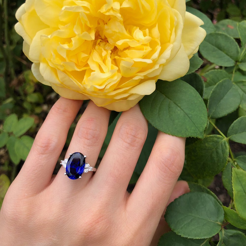Radiant 3.5ct Oval Sapphire and Moissanite Platinum plated Silver Proposal Ring #5