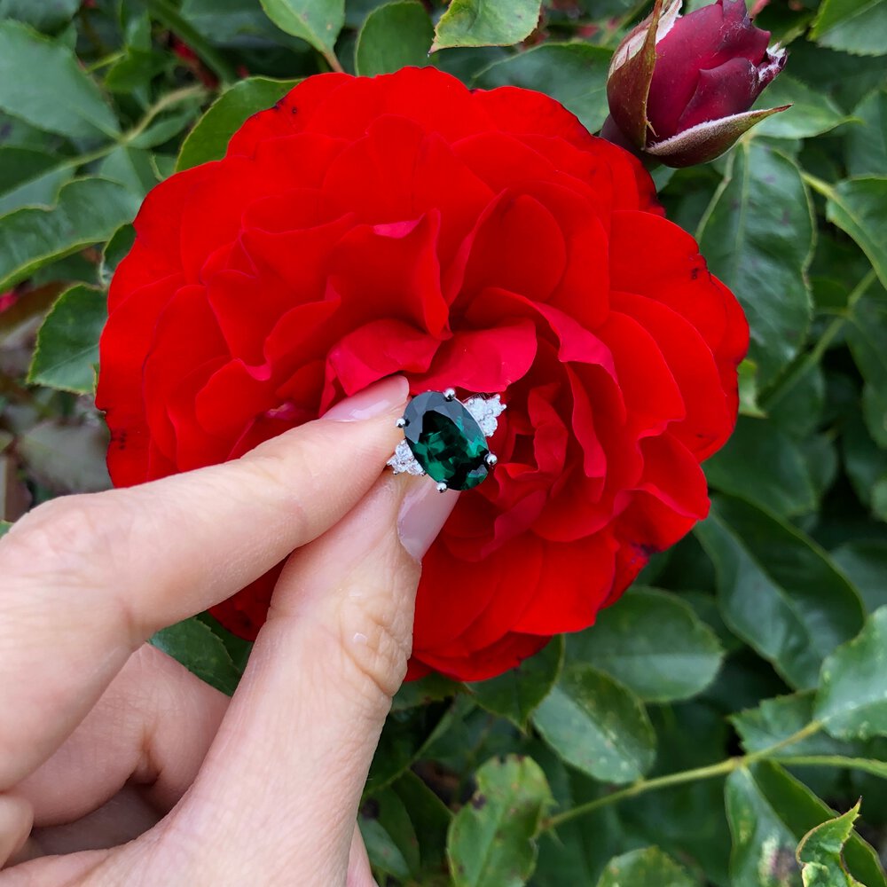 Radiant 3.5ct Oval Emerald and Moissanite Platinum plated Silver Proposal Ring #5