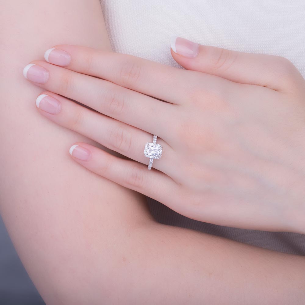 Princess Emerald Cut Moissanite Halo 9ct White Gold Engagement Ring #2