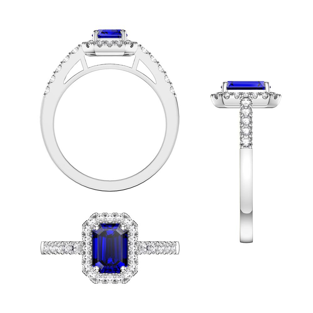Princess Emerald Cut Sapphire Lab Diamond Halo 18ct White Gold Engagement Ring #5