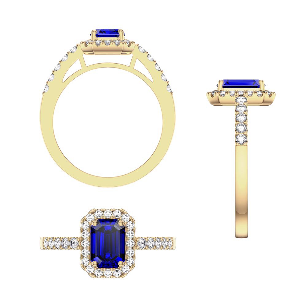Princess Sapphire Emerald Cut Diamond Halo 18ct Yellow Gold Engagement Ring #5