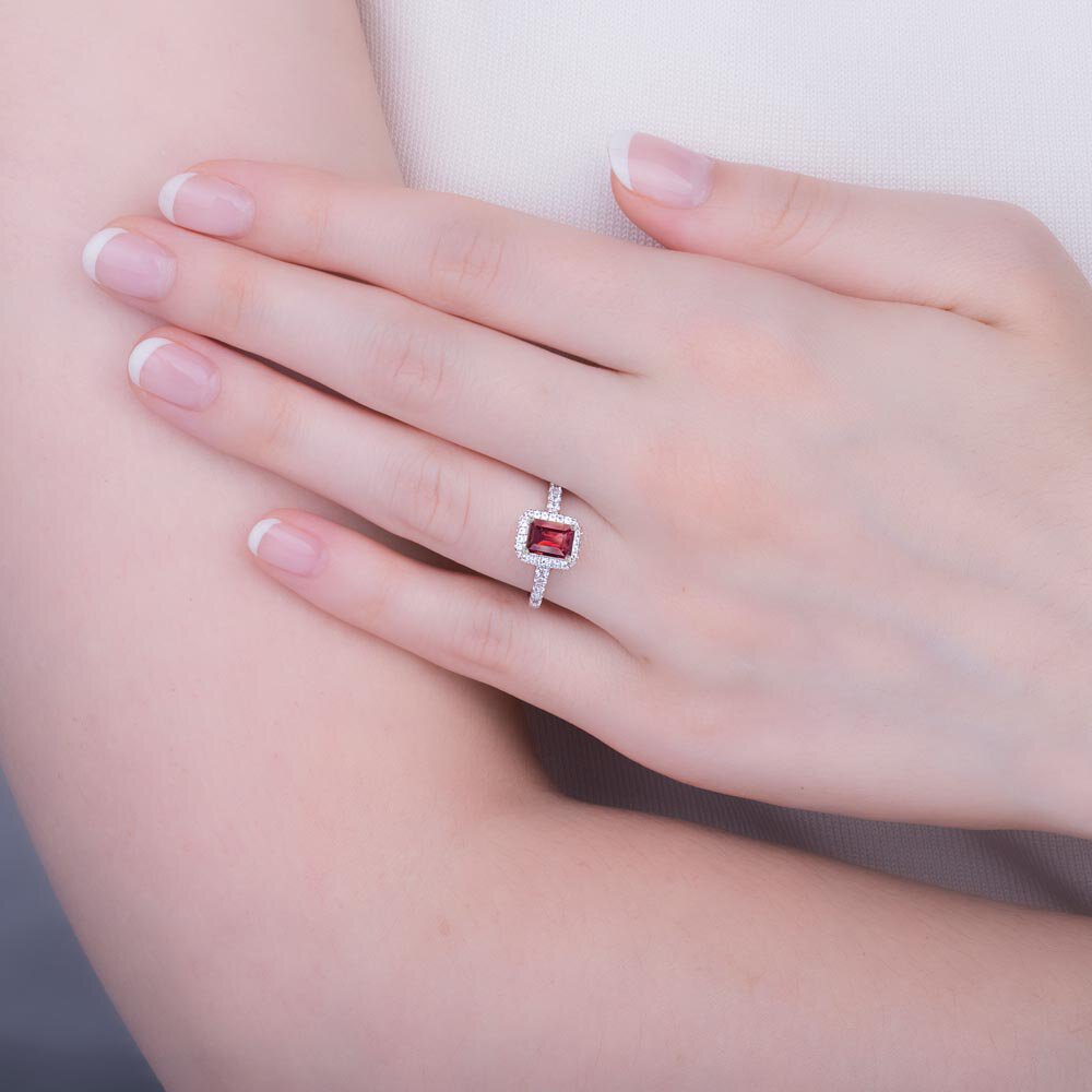 Princess Emerald Cut Ruby Lab Diamond Halo 9ct White Gold Engagement Ring #2