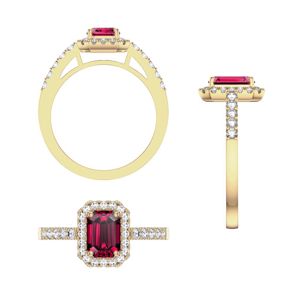 Princess Ruby Emerald Cut Diamond Halo 18ct Yellow Gold Engagement Ring #5