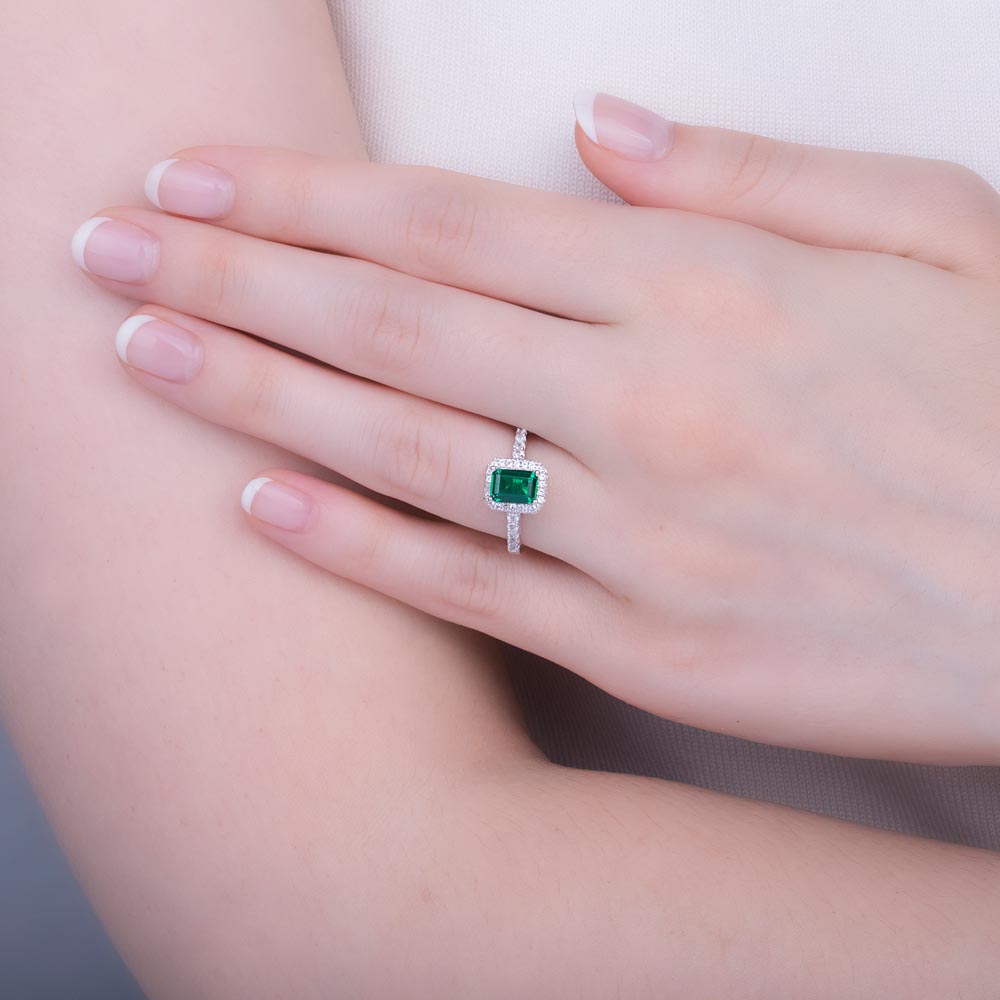 Princess Emerald Cut Emerald Lab Diamonds Halo Platinum Engagement Ring #2