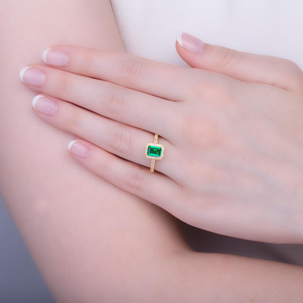 Princess Emerald and Diamond Emerald Cut Halo 18ct Yellow Gold Engagement Ring #2