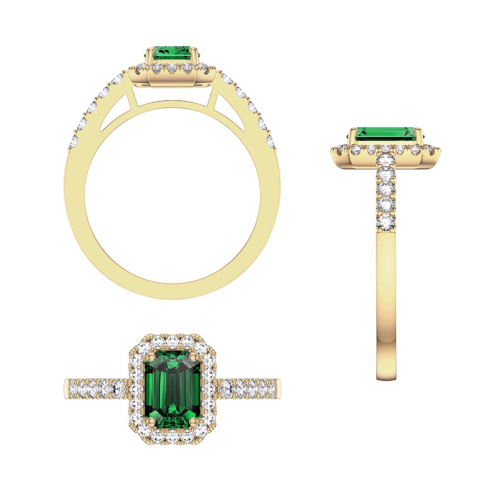 Princess Emerald and Diamond Emerald Cut Halo 18ct Yellow Gold Engagement Ring #6