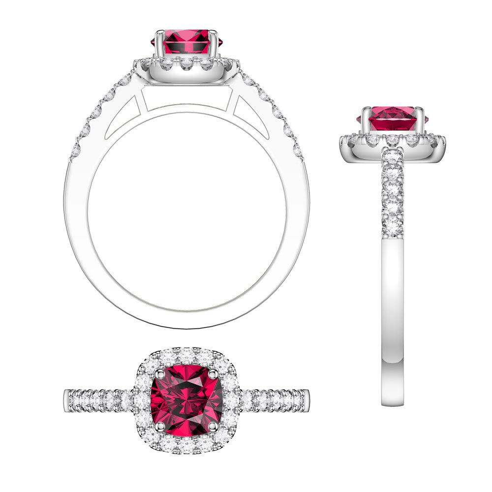 Princess Ruby and Diamond Cushion Cut Halo Platinum Engagement Ring #3