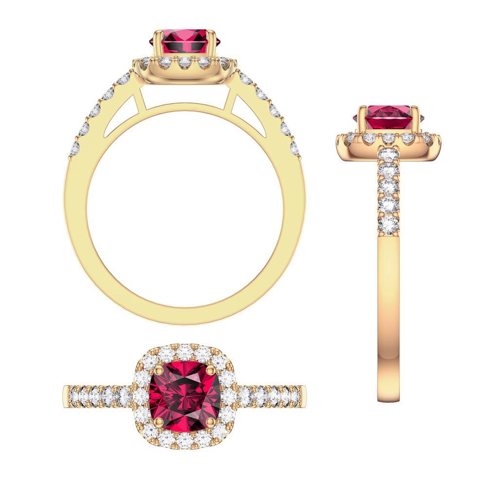 Princess Ruby Cushion Cut Moissanite Halo 18ct Yellow Gold Engagement Ring #3