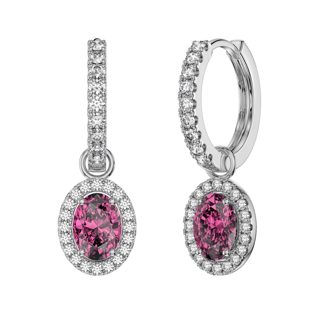 Eternity 1.5ct Pink Sapphire Oval Halo Platinum plated Silver Interchangeable Hoop Drop Set
