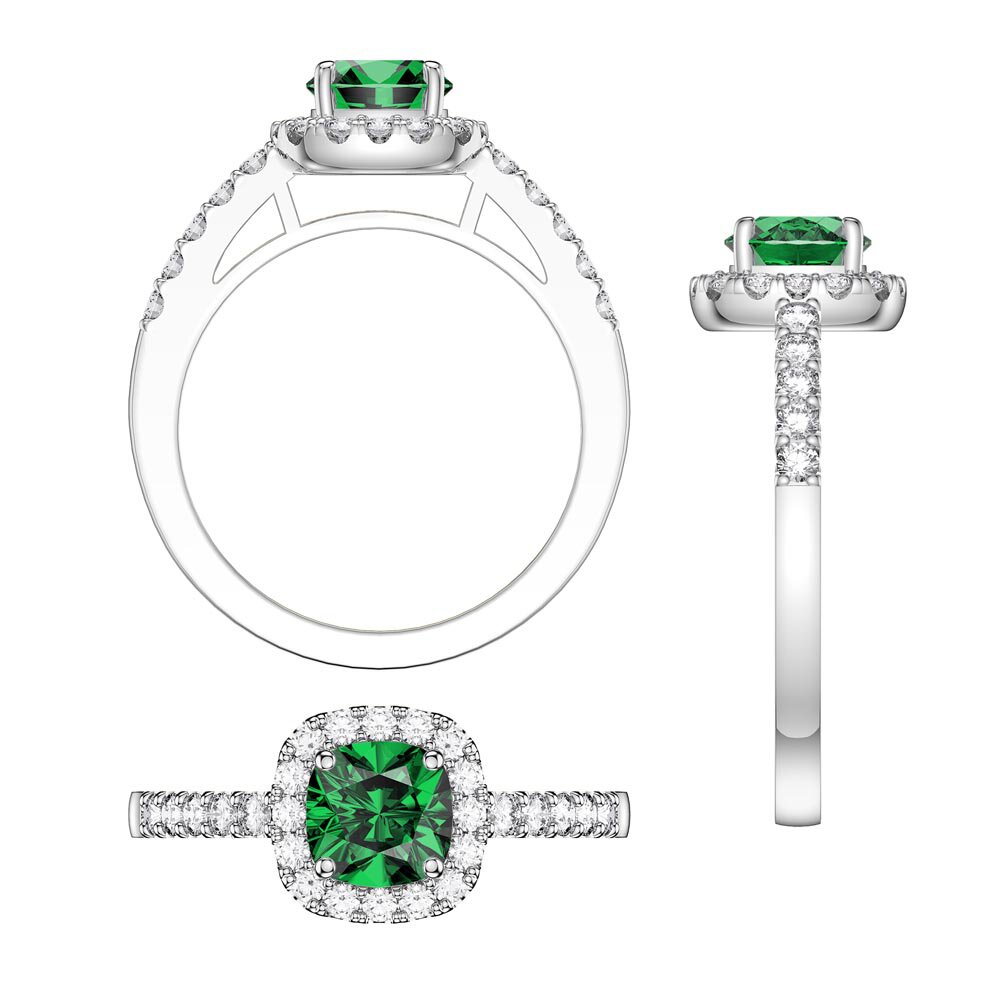 Princess Emerald and Diamond Cushion Cut Halo 18ct White Gold Engagement Ring #3