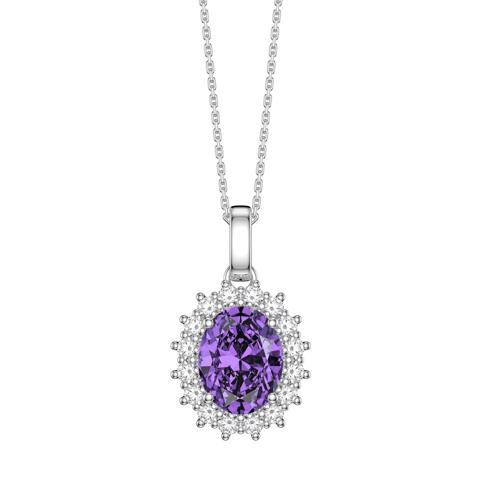 3ct Eternity Amethyst Platinum plated Silver Moissanite Halo Oval Pendant