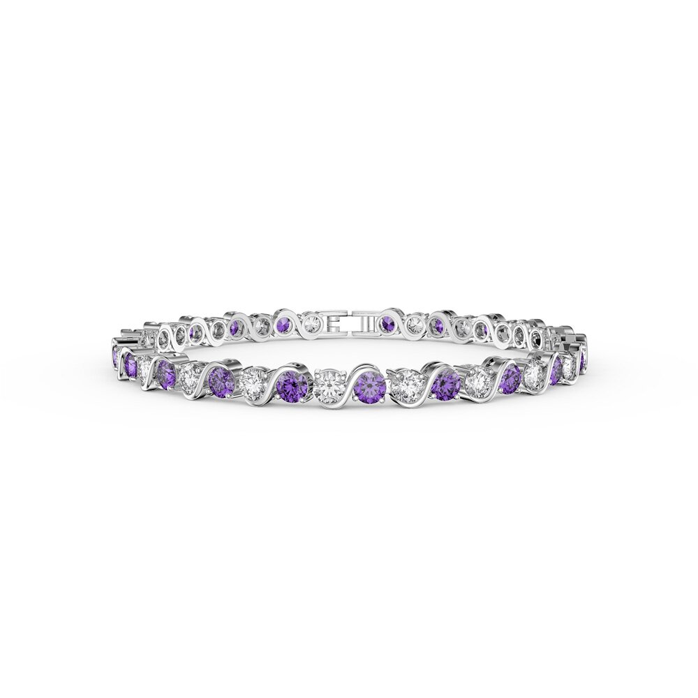 Infinity Amethyst and Moissanite Platinum plated Silver S Bar Tennis Bracelet