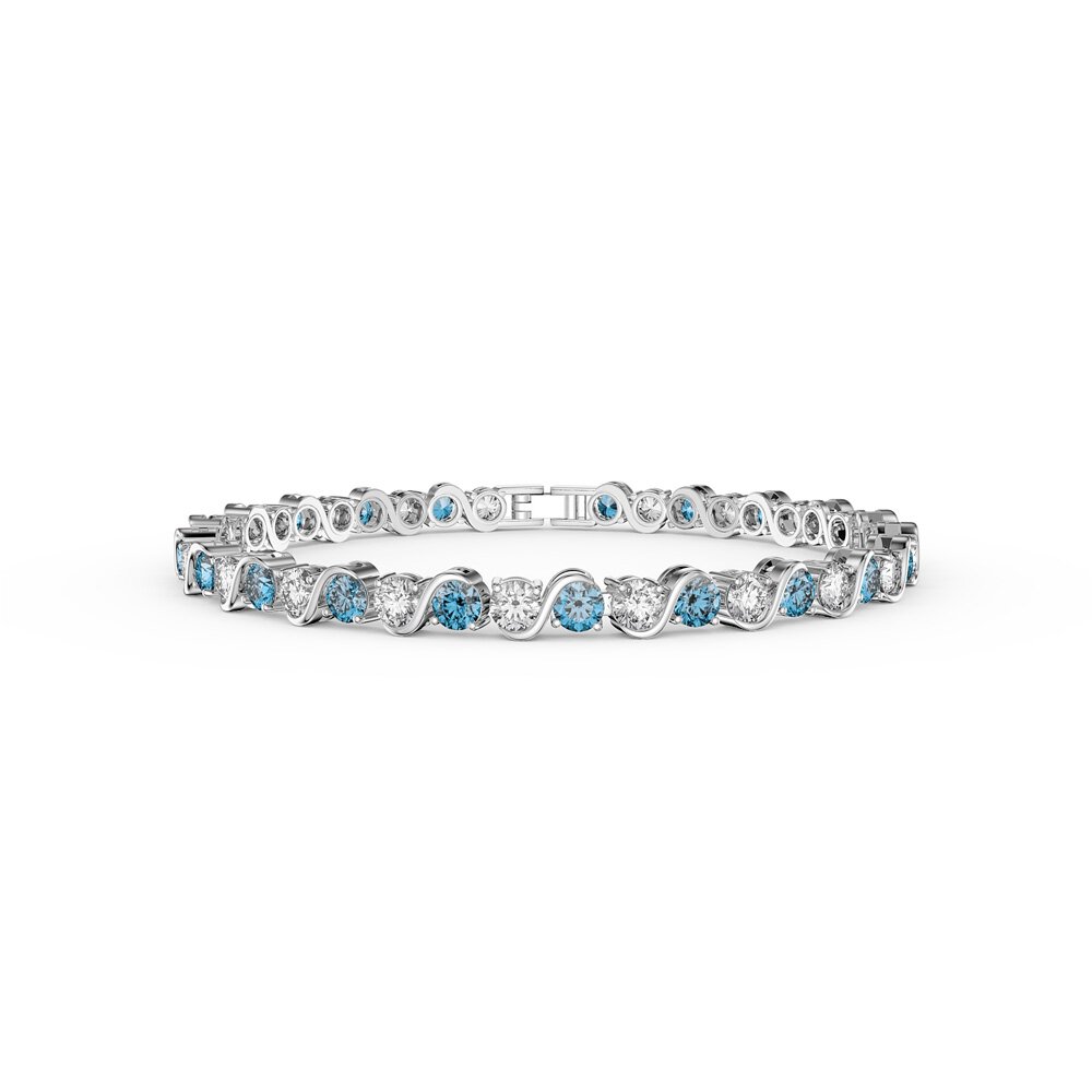 Infinity Blue Topa and Moissanite Platinum plated Silver S Bar Tennis Bracelet