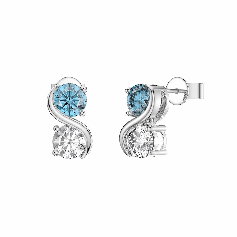 Infinity Blue Topaz and Moissanite Platinum plated Silver S Bar Stud Earrings