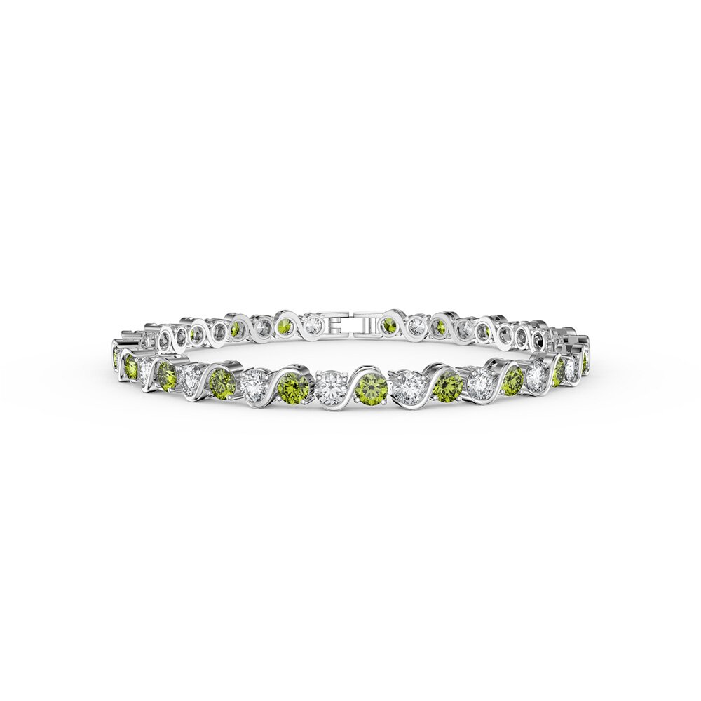 Infinity Peridot and Moissanite Platinum plated Silver S Bar Tennis Bracelet