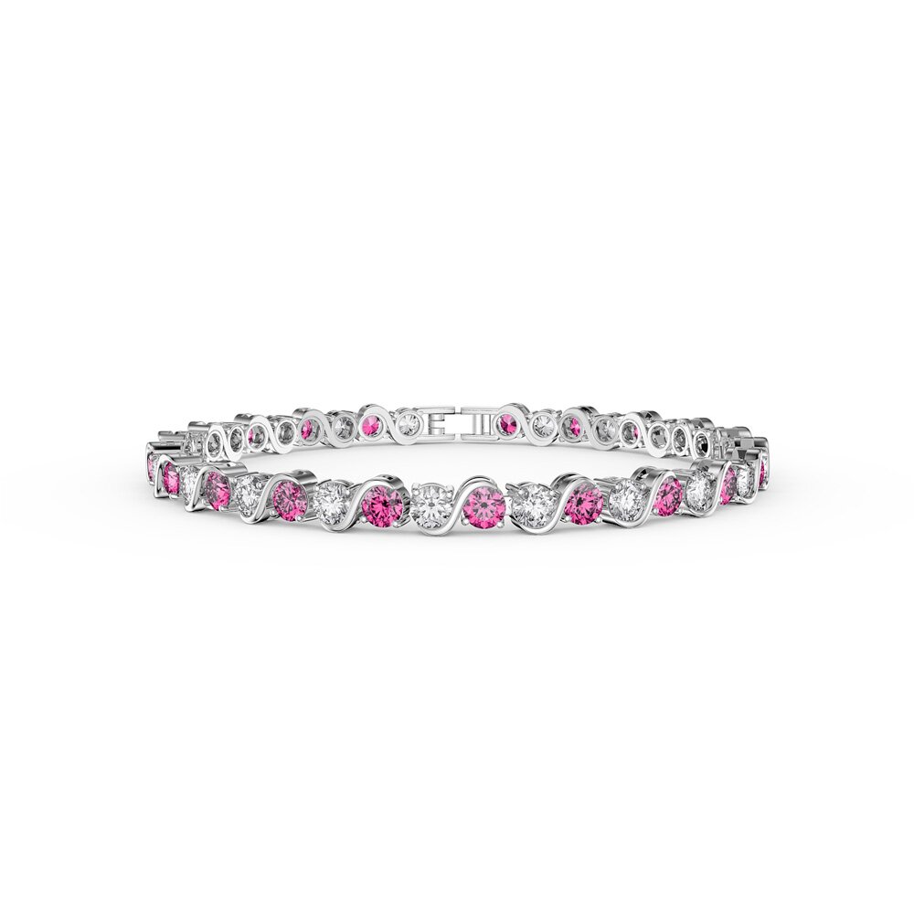 Infinity Pink Sapphire and Moissanite Platinum plated Silver S Bar Tennis Bracelet