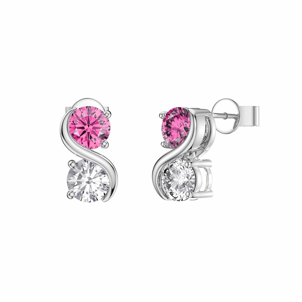 Infinity Pink Sapphire and Moissanite Platinum plated Silver S Bar Stud Earrings