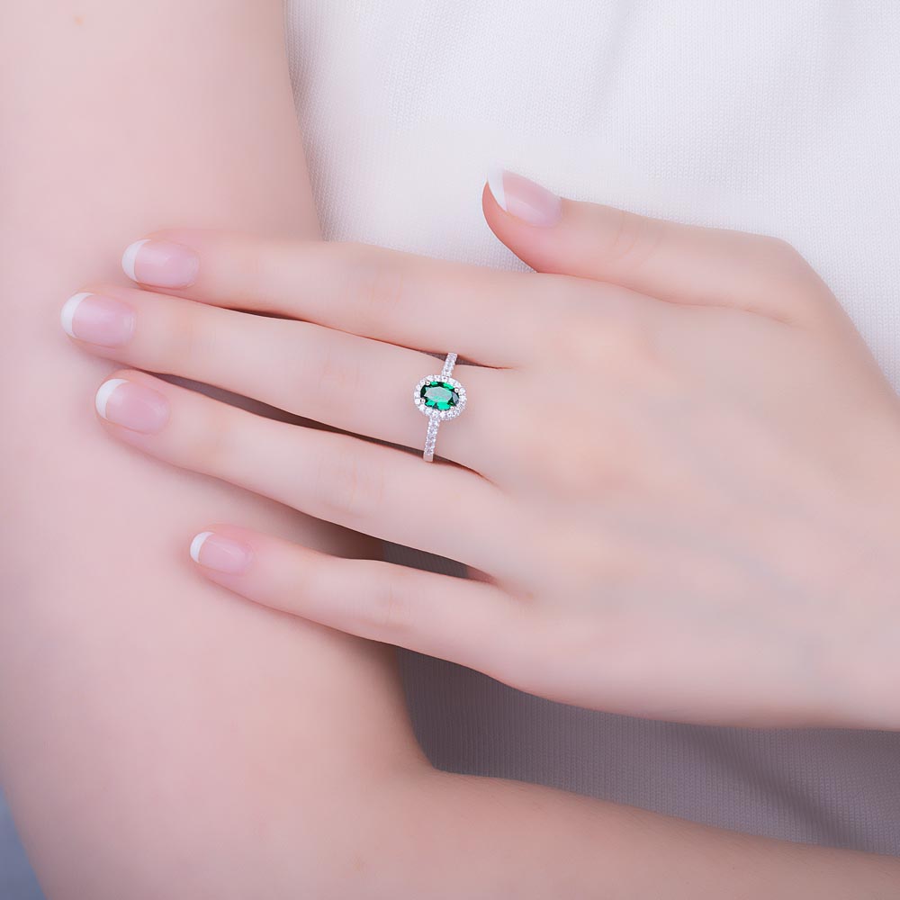 Eternity Oval Emerald Halo and Half Emerald Eternity Platinum plated Silver Promise Ring Set #3