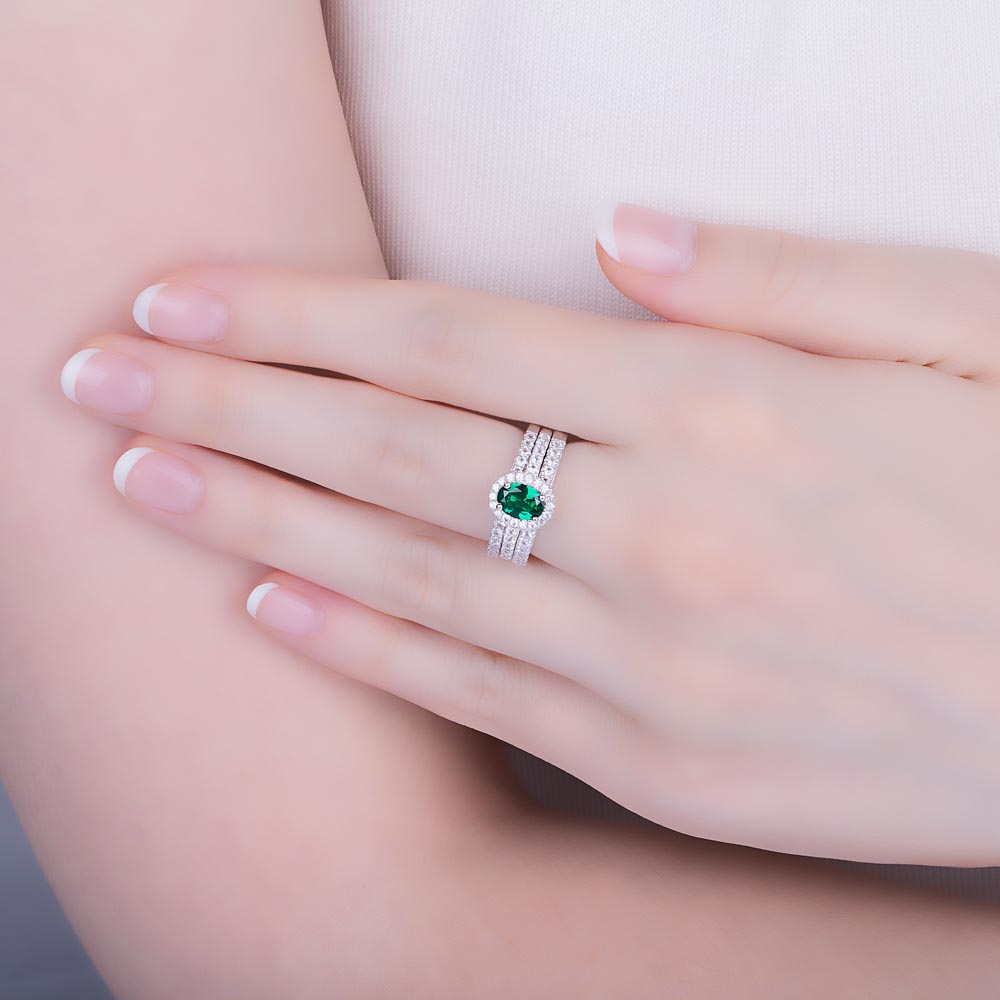 Eternity Emerald Oval Lab Diamond Halo 9ct White Gold Proposal Ring #3