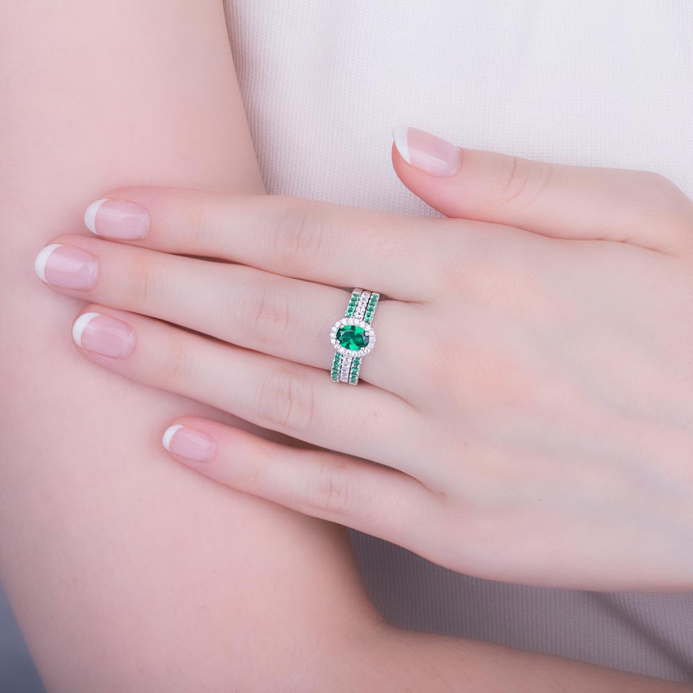 Eternity Emerald Oval Lab Diamond Halo 9ct White Gold Proposal Ring #4