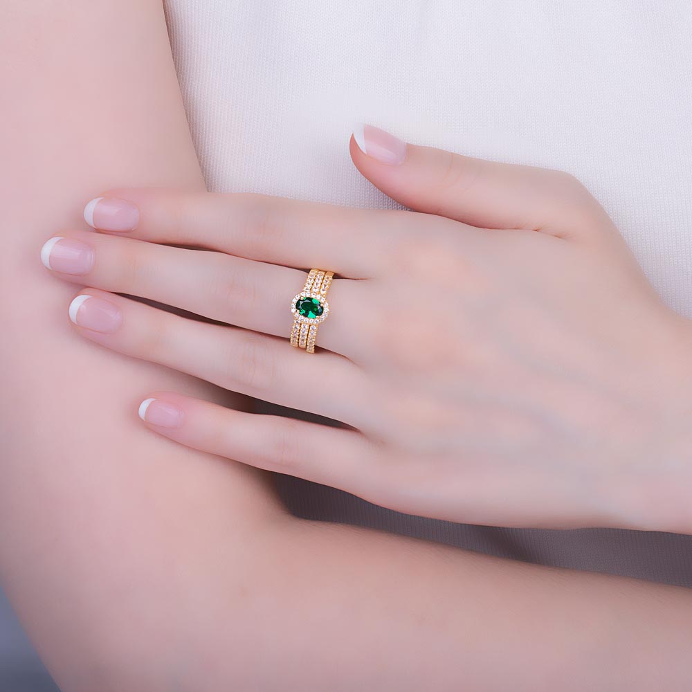 Eternity Emerald Oval Lab Diamond Halo 9ct Yellow Gold Proposal Ring #3