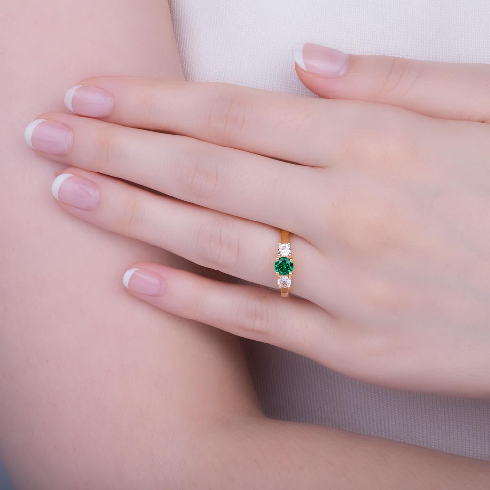 Eternity Three Stone Emerald and Diamond 18ct Yellow Gold Engagement Ring #2